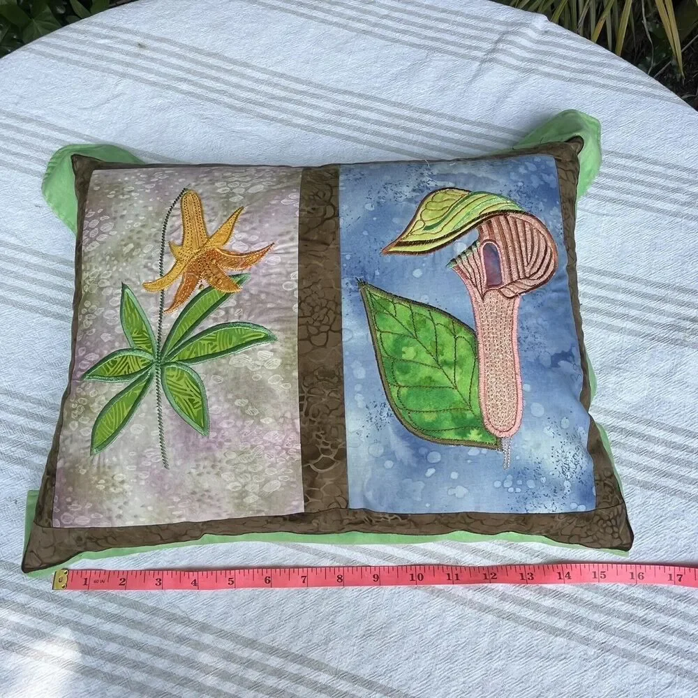 Vtg Quilted Batik Floral Throw Pillow 20” Appliqué Lily Cottagecore Botanical